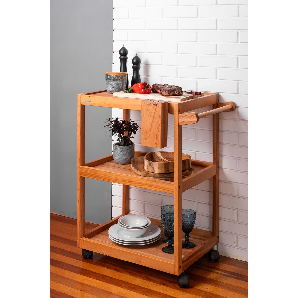 CARRITO MADERA DE TECA C/RUEDAS TRES ALTURAS PARA SERVICIO 68 X 50 X 85CM