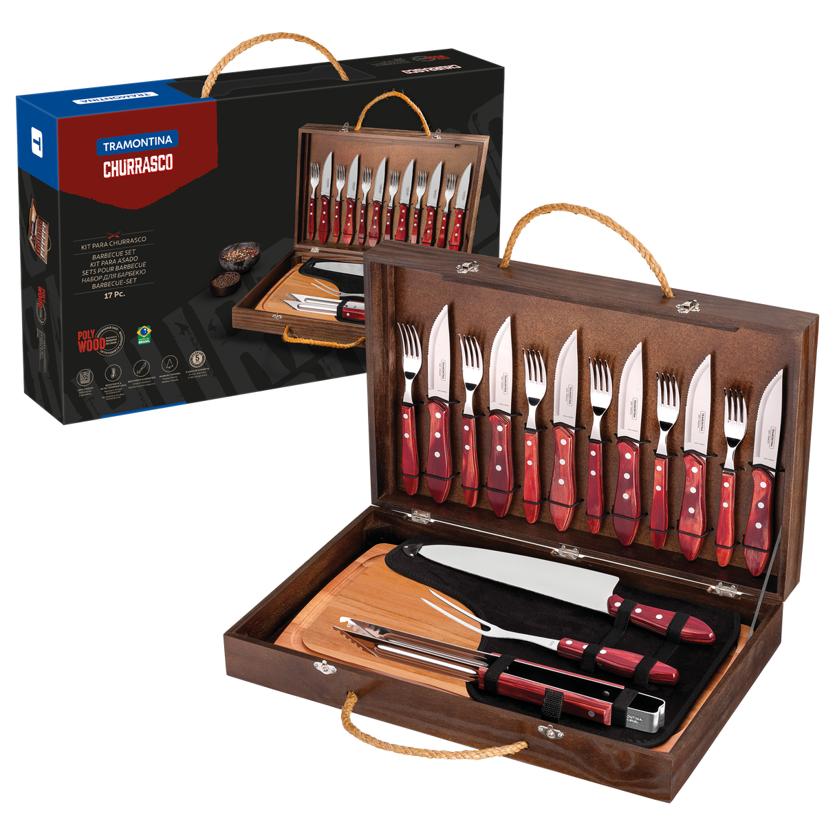 MALETÍN ÚTILES PARA CARNE/BBQ 17 PZAS - POLYWOOD ROJO