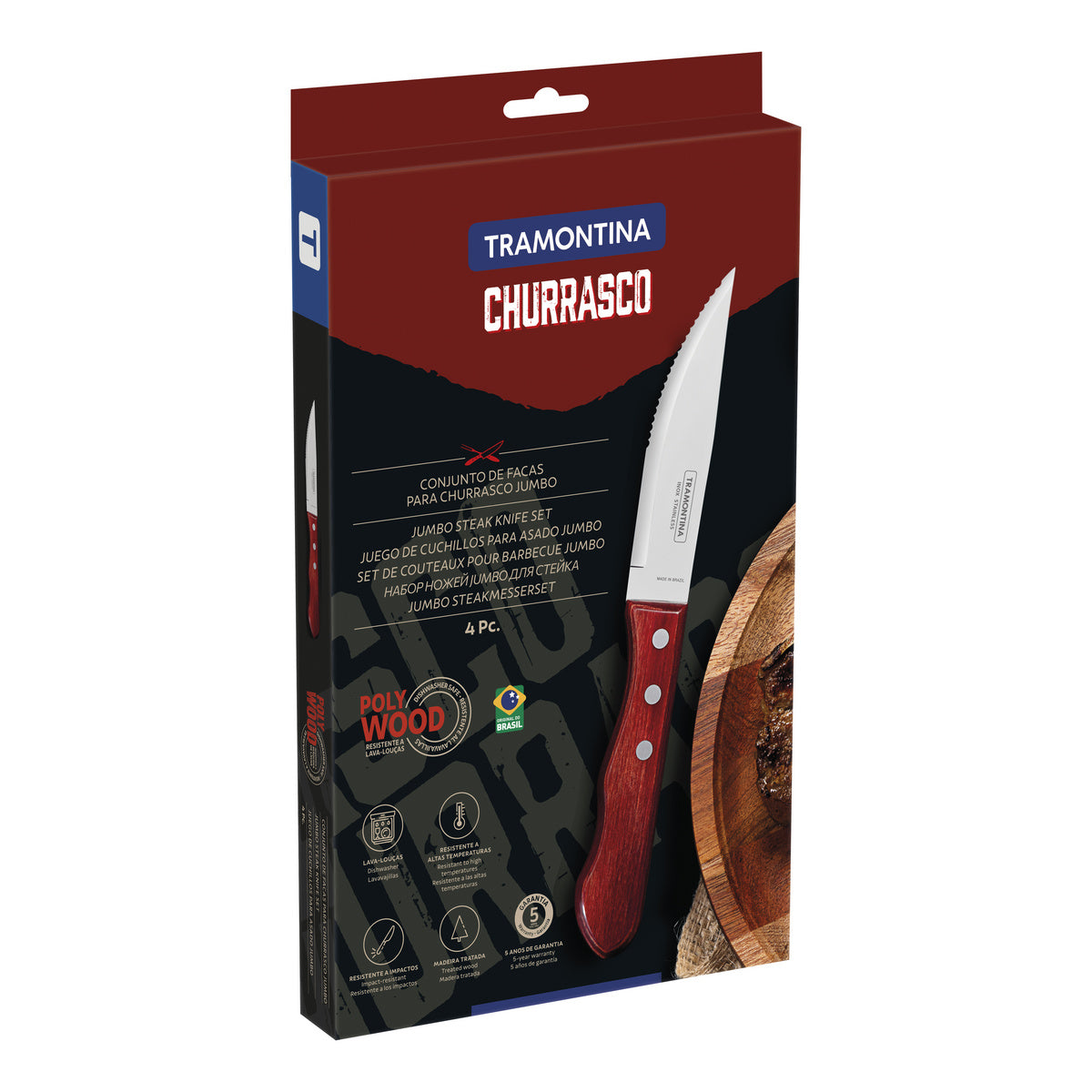 JUEGO DE CUCHILLOS JUMBO CARNE /BBQ 12CM 4PZAS. - POLYWOOD FSC ROJO