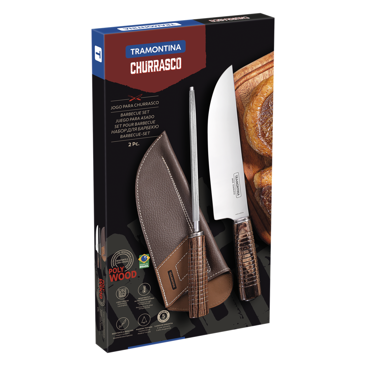 Juego Útiles para Carne Polywood Castaño 2 piezas con Afilador y Funda