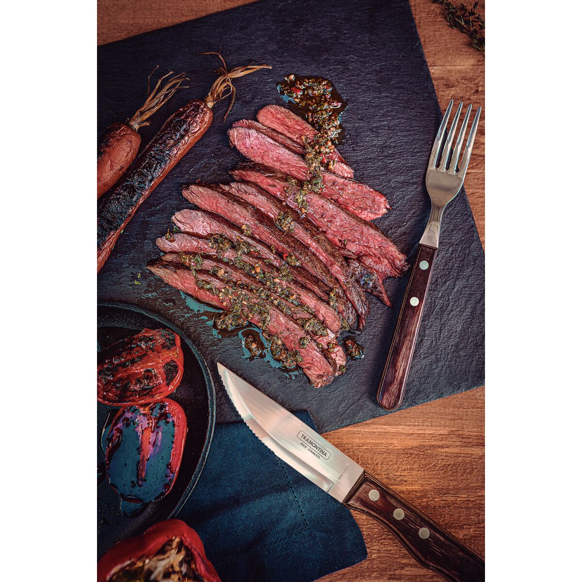 JUEGO DE CUCHILLOS JUMBO PARA CARNE/BBQ 12CM 4PZAS. - POLYWOOD CASTAÑO