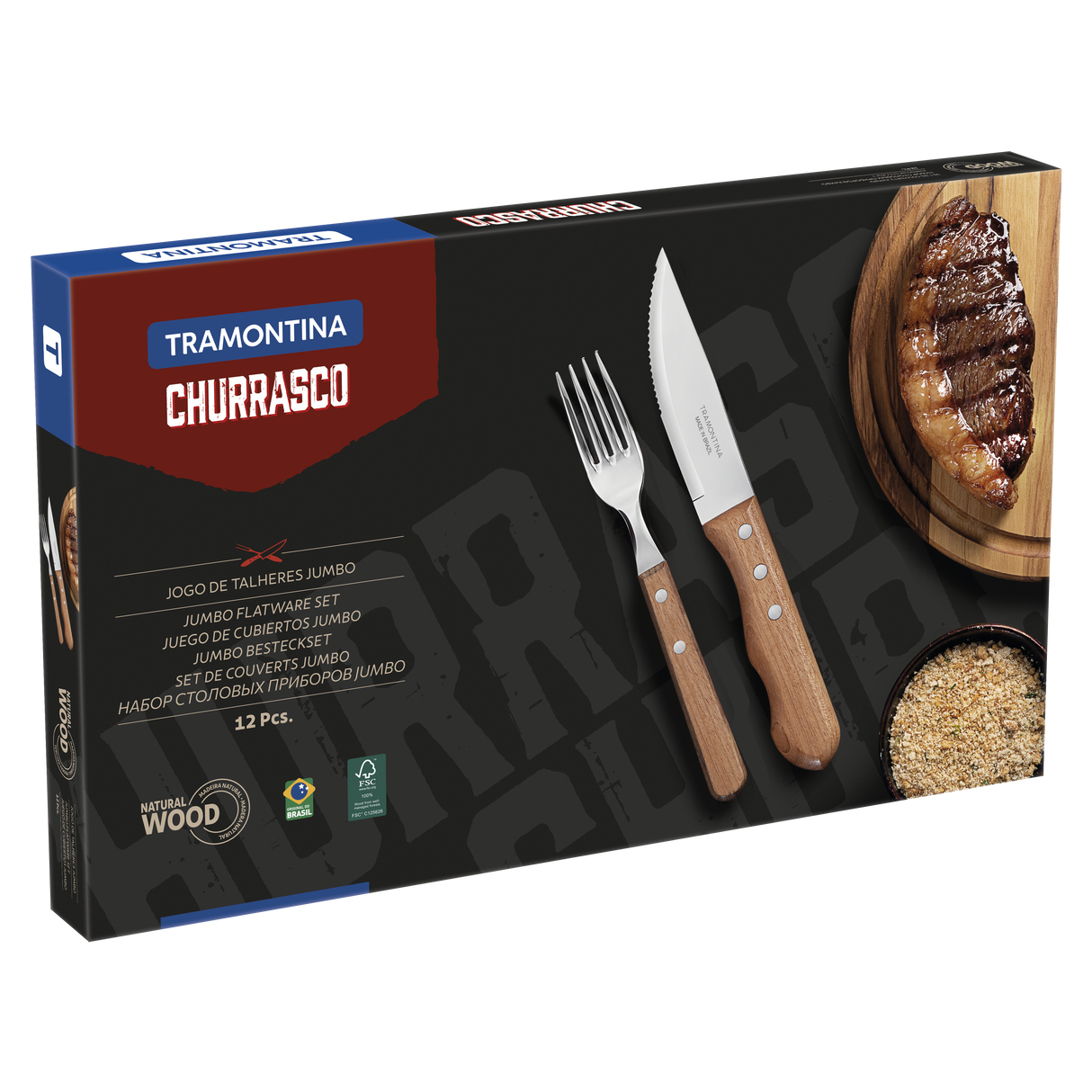 Tramontina Juego de Cubiertos para Carne/BBQ y Mangos de Madera Natural Dynamic 12 Piezas