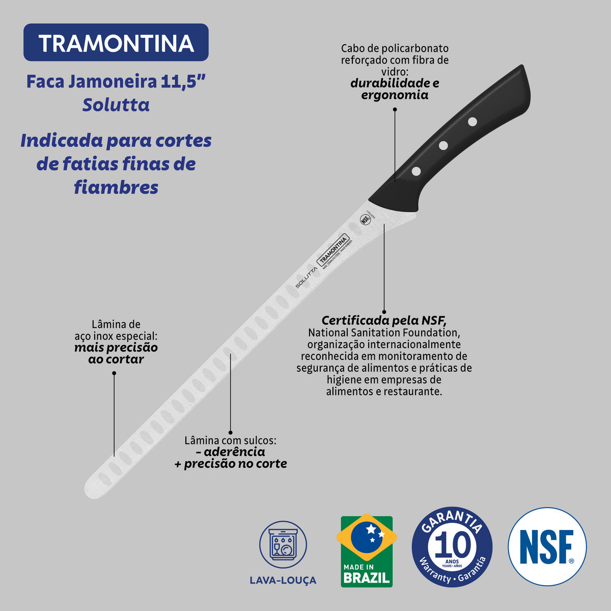 Cuchillo Jamonero Alveolado Solutta 29 cm Tramontina