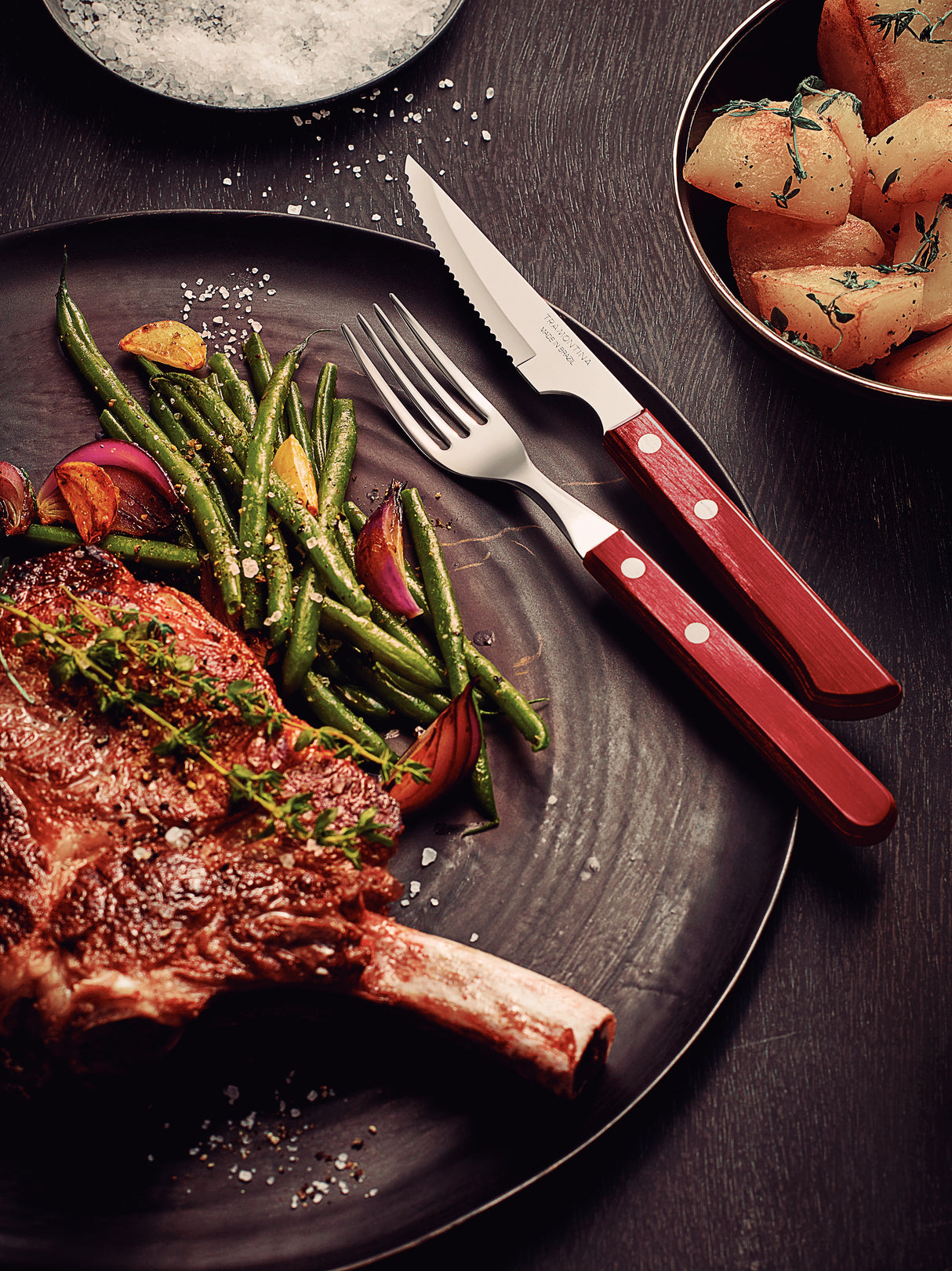 Juego de 12 unidades de Cuchillos para Carne/Pizza Mango de Madera Tratada Polywood Rojo 11 cm