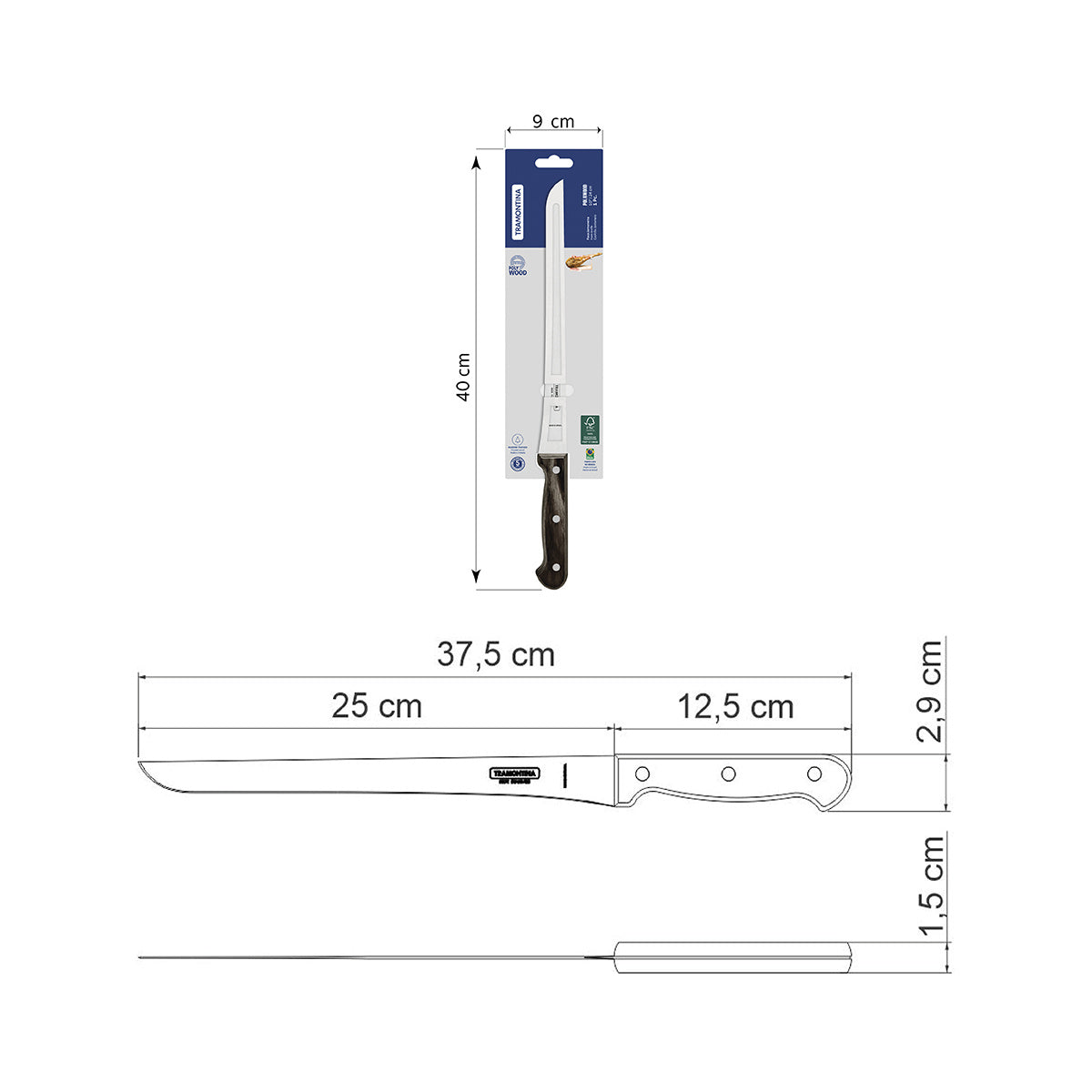 Cuchillo Jamonero en Acero Inoxidable Polywood Castaño 25 cm