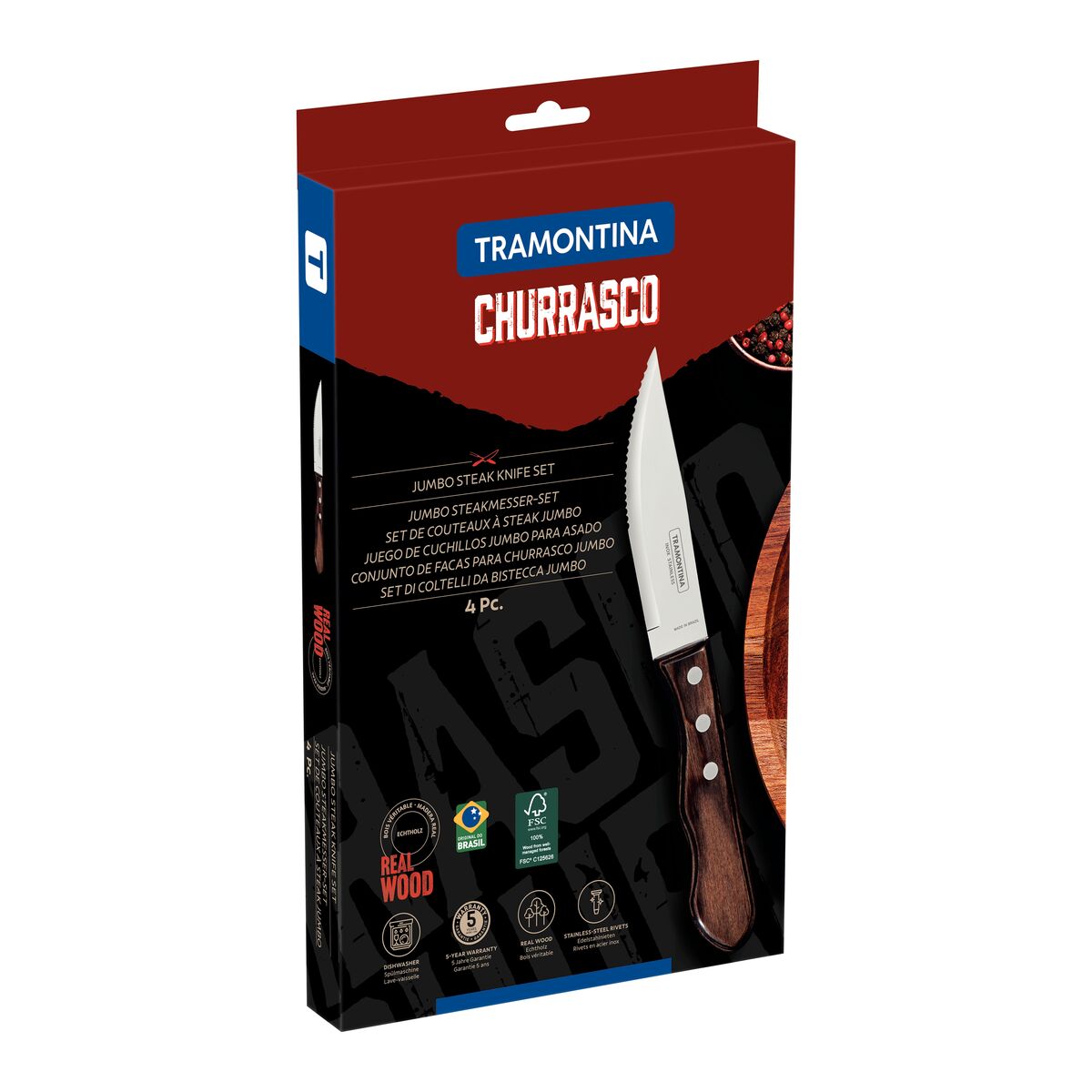 JUEGO DE CUCHILLOS JUMBO PARA CARNE/BBQ 12CM 4PZAS. - POLYWOOD CASTAÑO