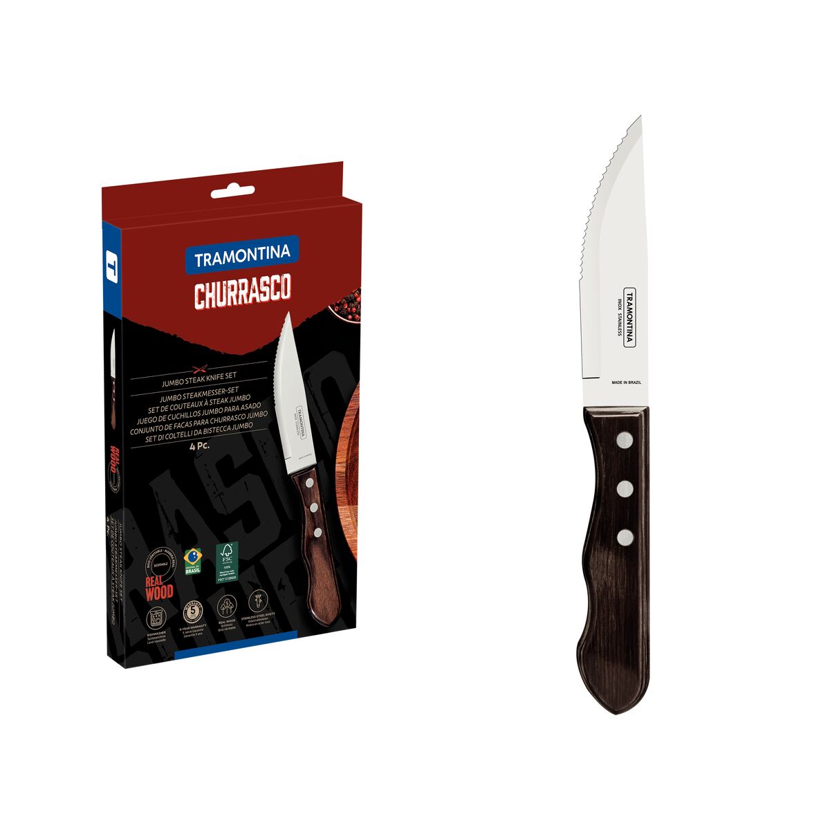 JUEGO DE CUCHILLOS JUMBO PARA CARNE/BBQ 12CM 4PZAS. - POLYWOOD CASTAÑO