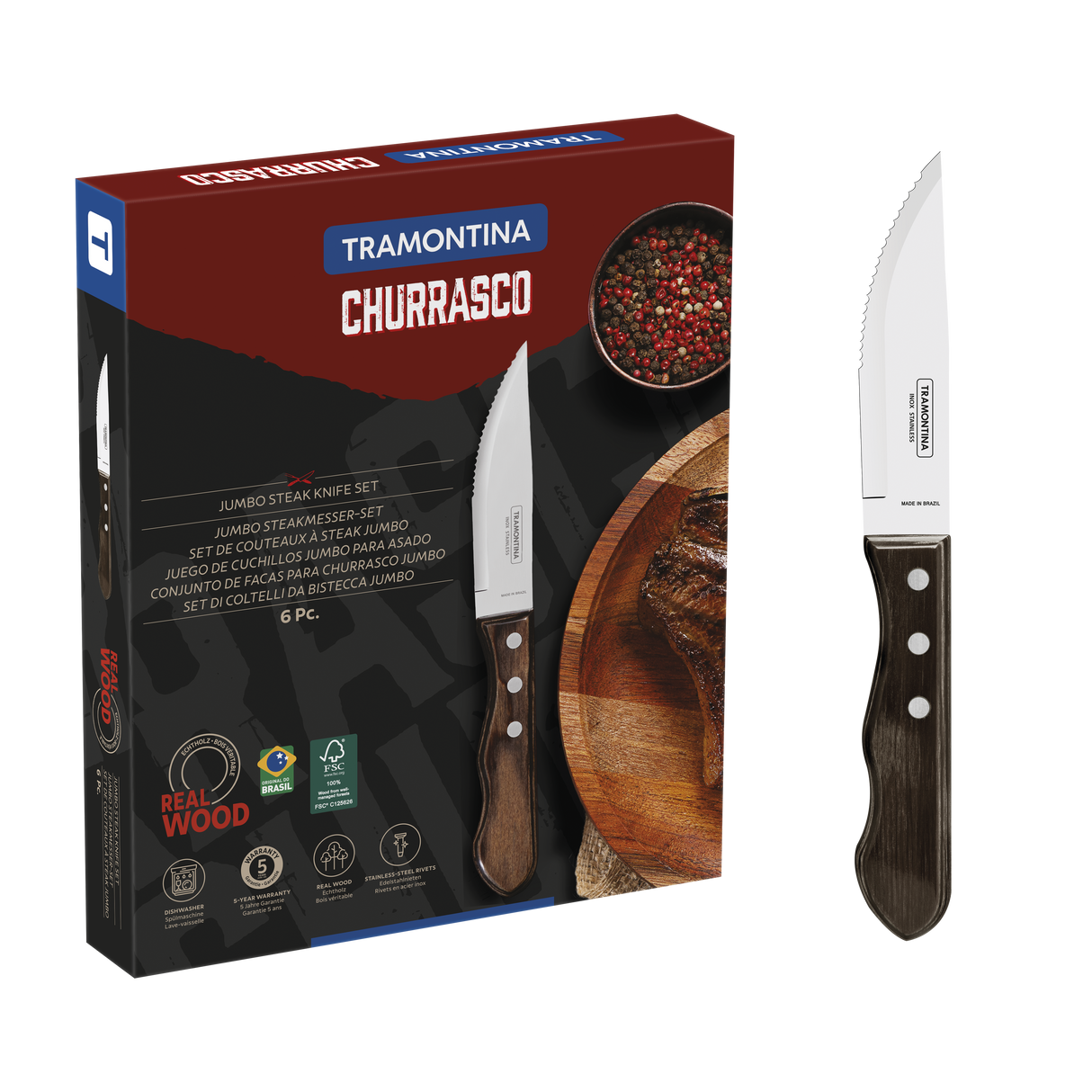 Tramontina Juego de Cuchillos para Carne Jumbo Polywood Castaño 6 Piezas