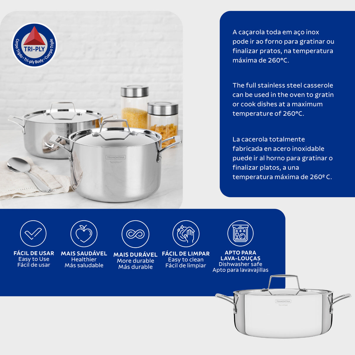 CACEROLA 24CM - 4,40L. - TRI-PLY GRANO