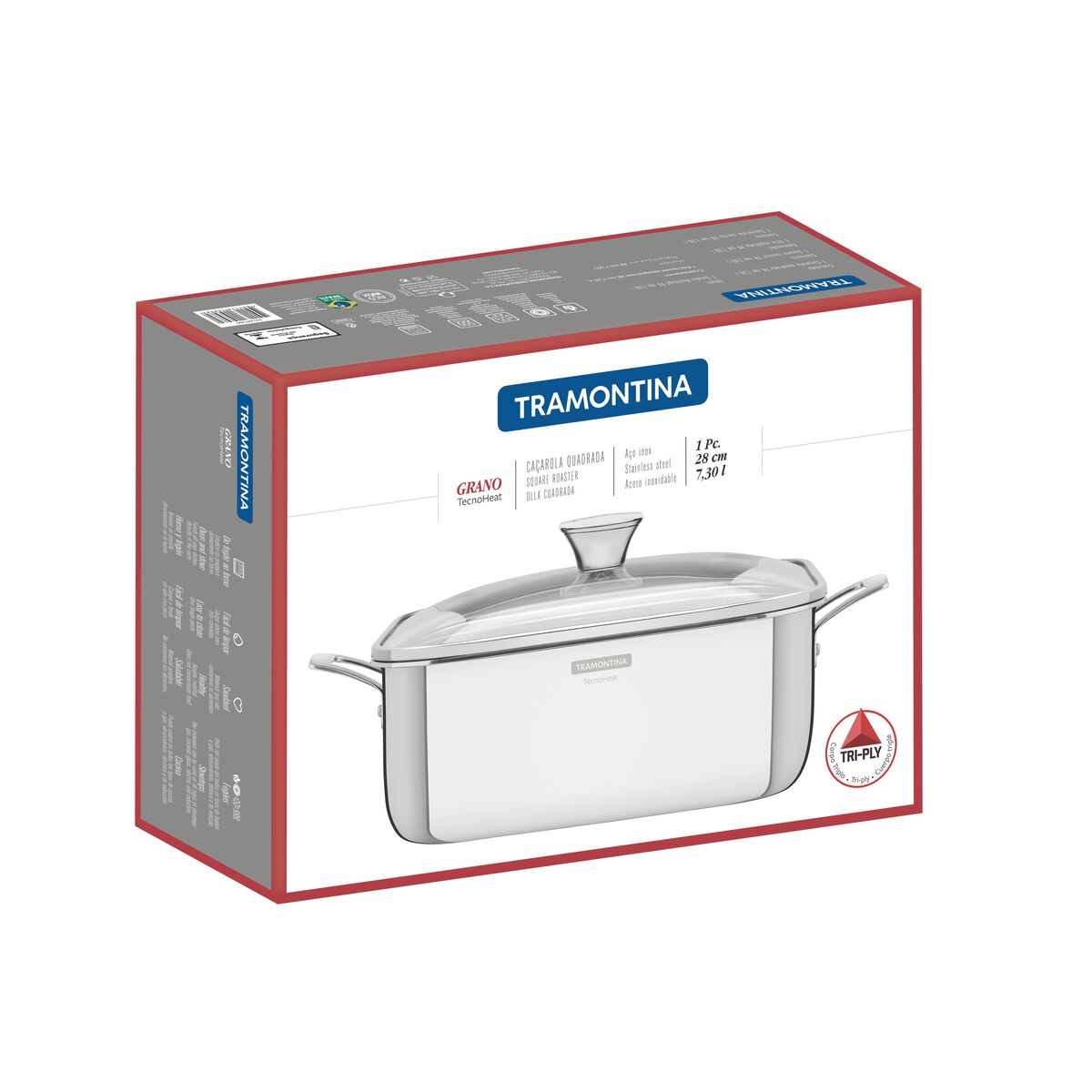 Tramontina Olla Cuadrada Tri-Ply Grano de Acero Inoxidable con Tapa 26 x 26 cm
