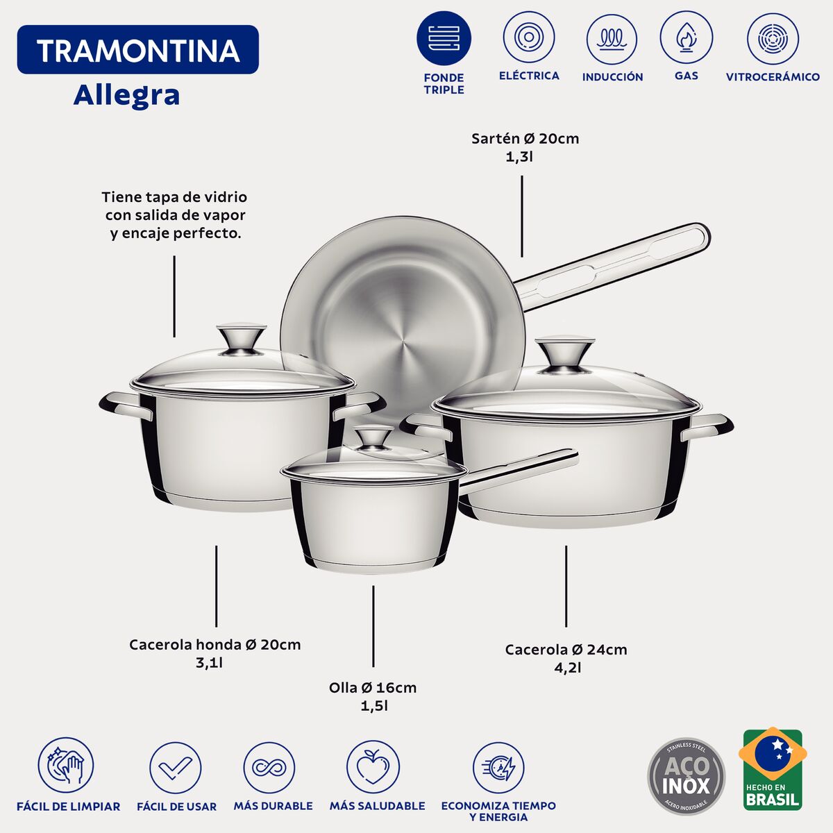 Juego de Ollas en Acero Inoxidable Allegra 4 piezas