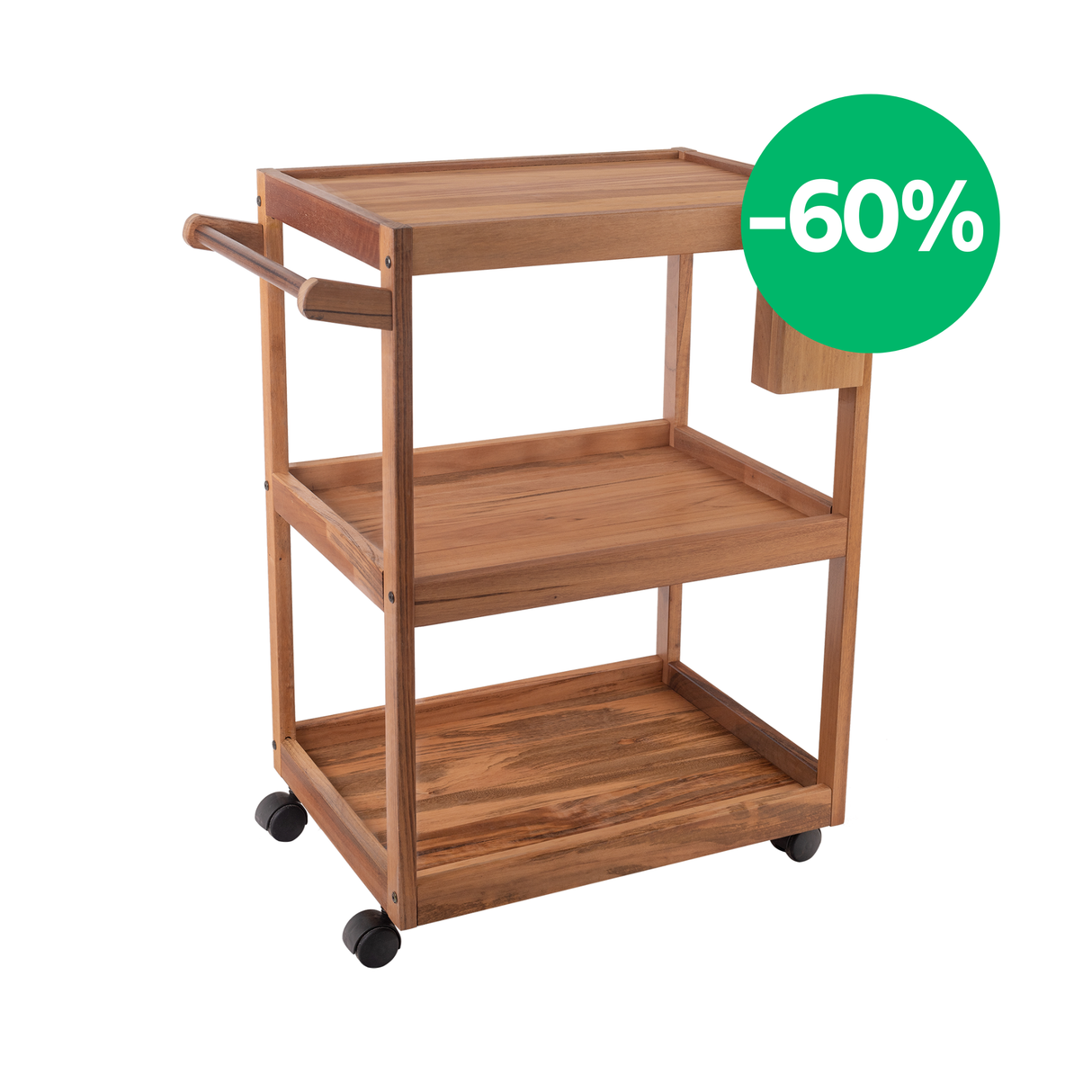 Carrito de Madera de Teca con Ruedas y Tres Alturas para Servicio 68 x 50 x 85 cm