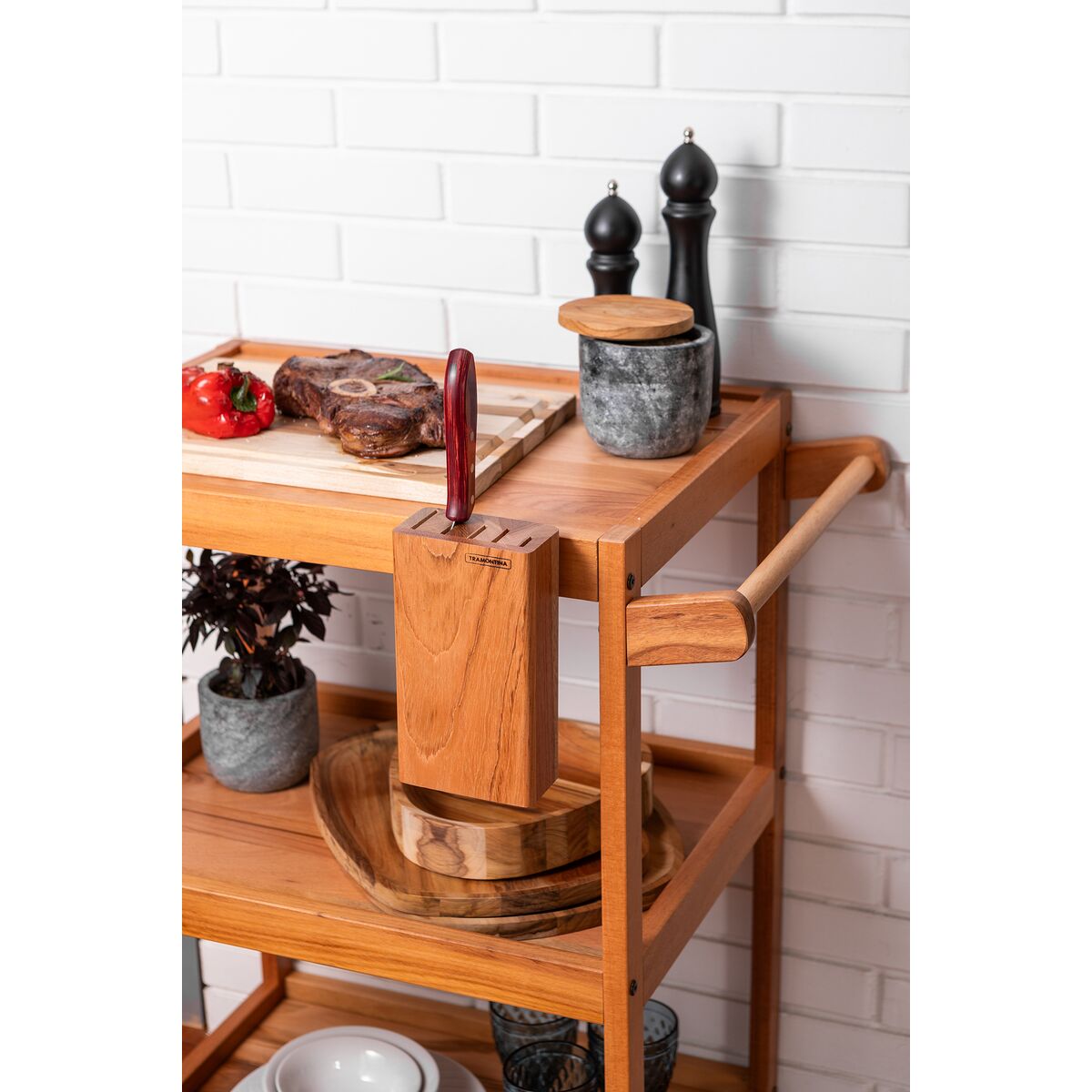 CARRITO MADERA DE TECA C/RUEDAS TRES ALTURAS PARA SERVICIO 68 X 50 X 85CM