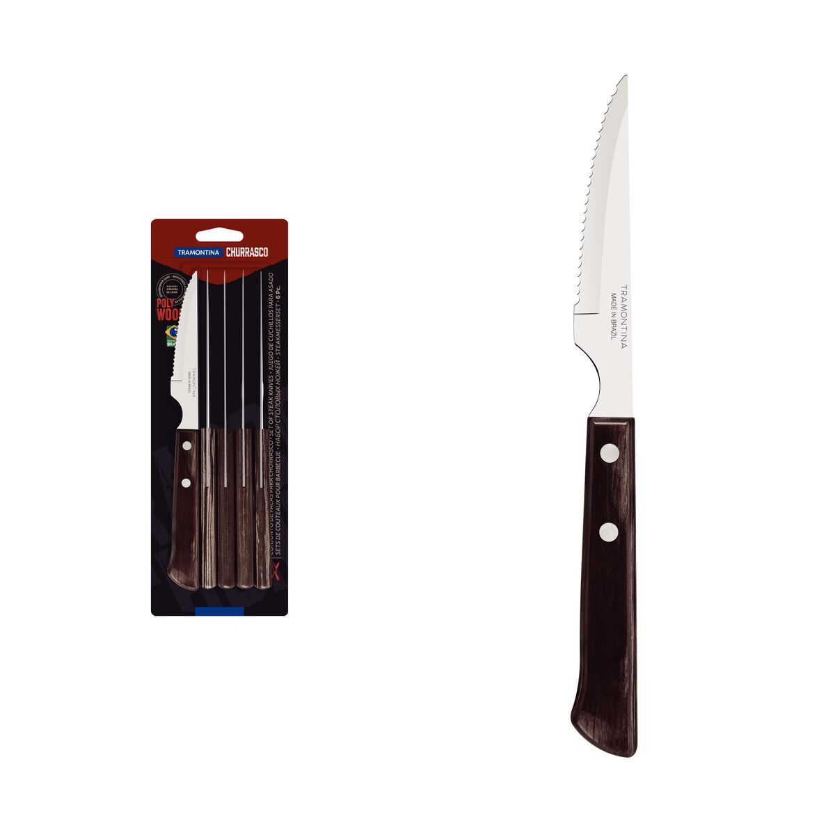 JUEGO DE CUCHILLOS CHULETEROS 11CM 6PZAS. - POLYWOOD CASTAÑO