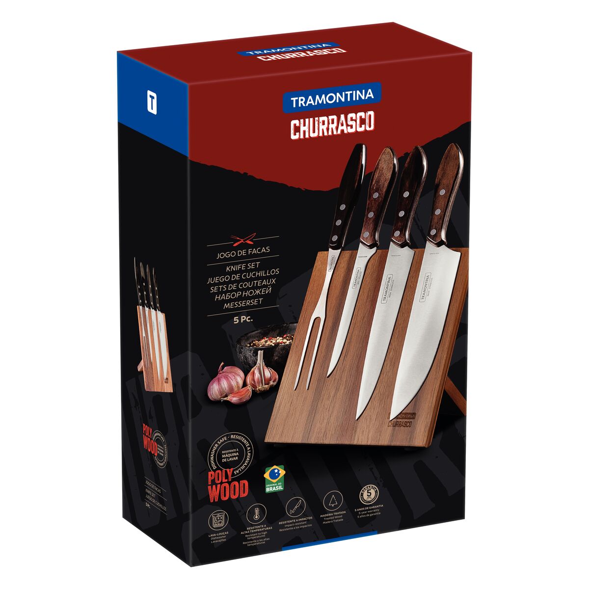 JUEGO C/ SOPORTE MAGNÉTICO DE CUCHILLOS 5PZAS. - POLYWOOD CASTAÑO