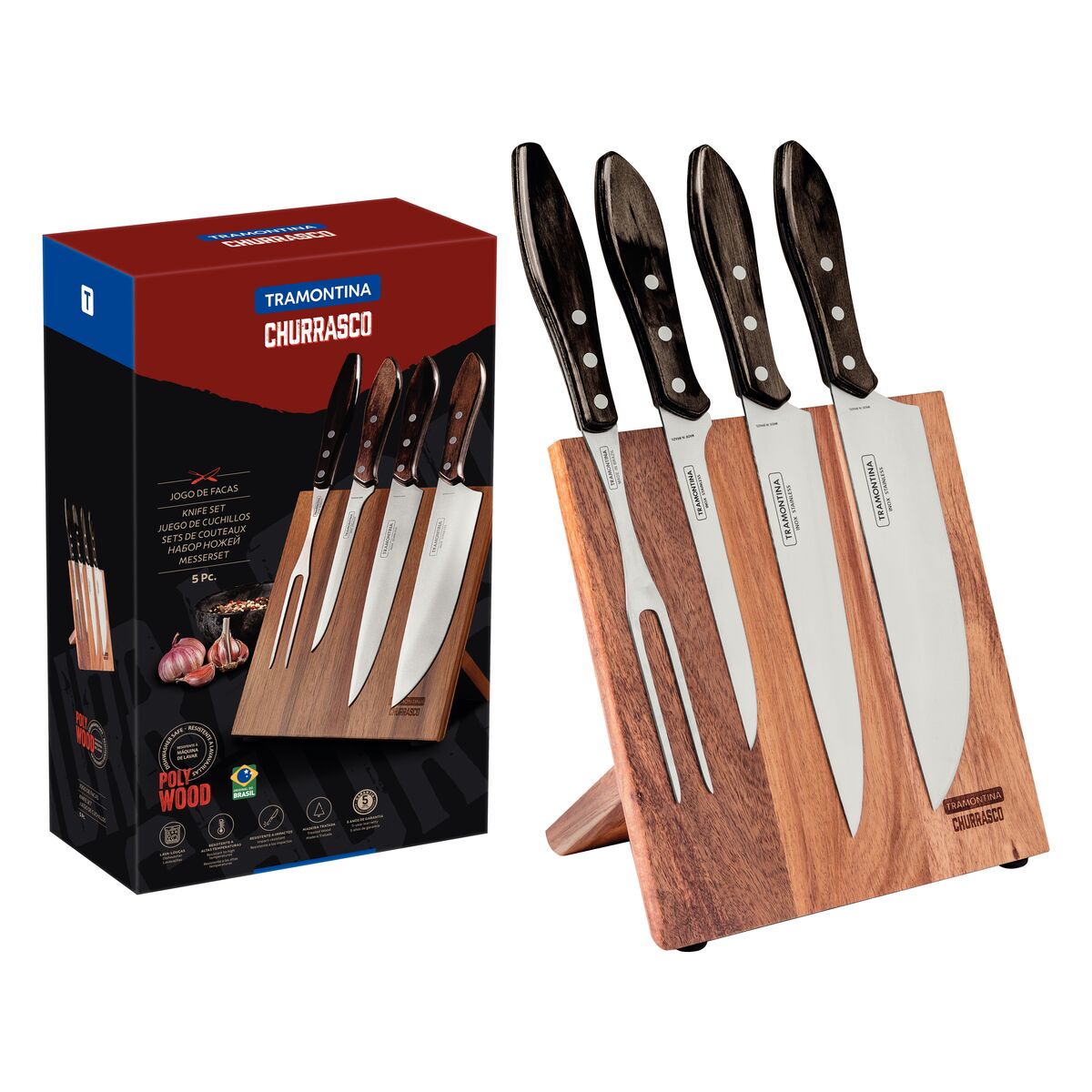 JUEGO C/ SOPORTE MAGNÉTICO DE CUCHILLOS 5PZAS. - POLYWOOD CASTAÑO