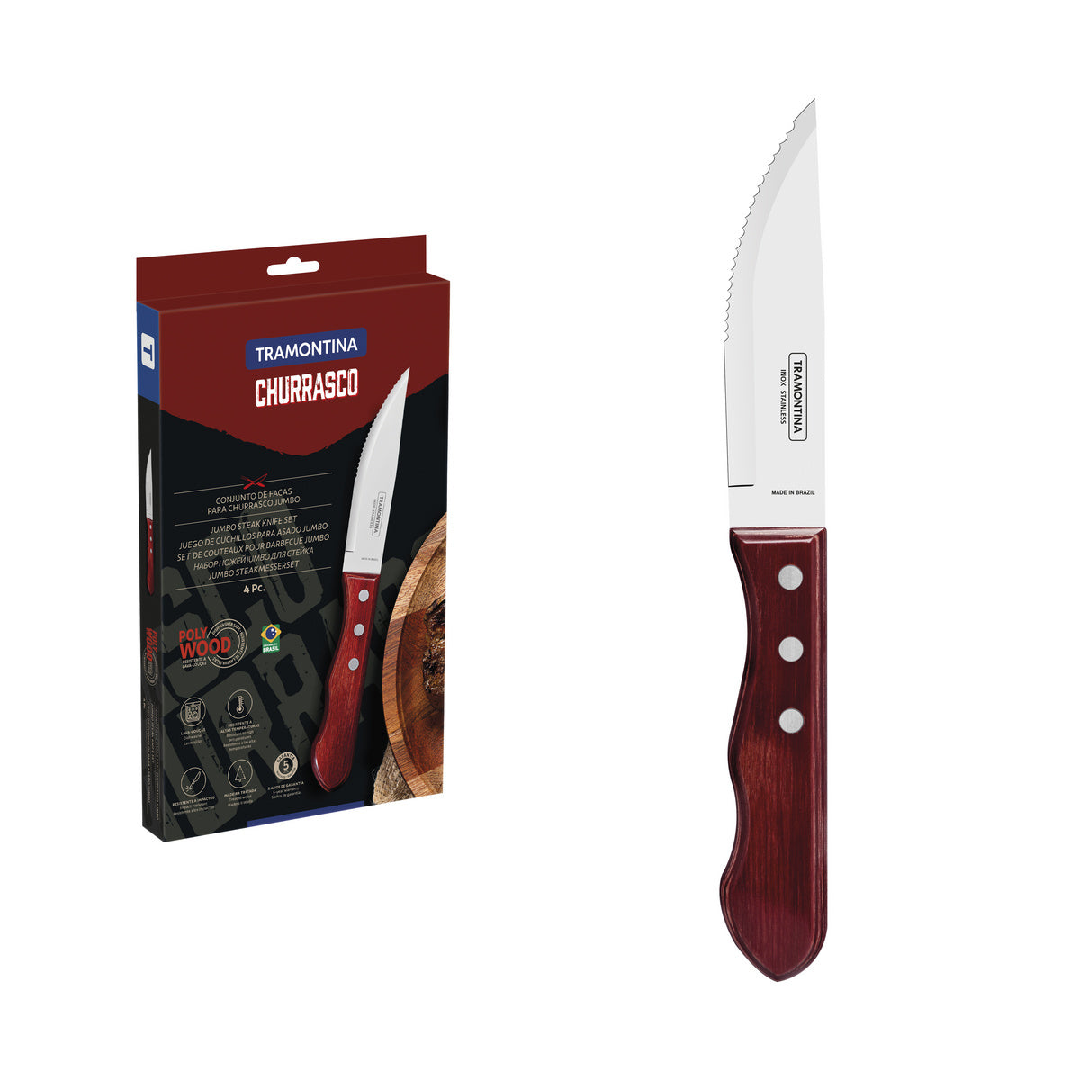 JUEGO DE CUCHILLOS JUMBO CARNE /BBQ 12CM 4PZAS. - POLYWOOD FSC ROJO