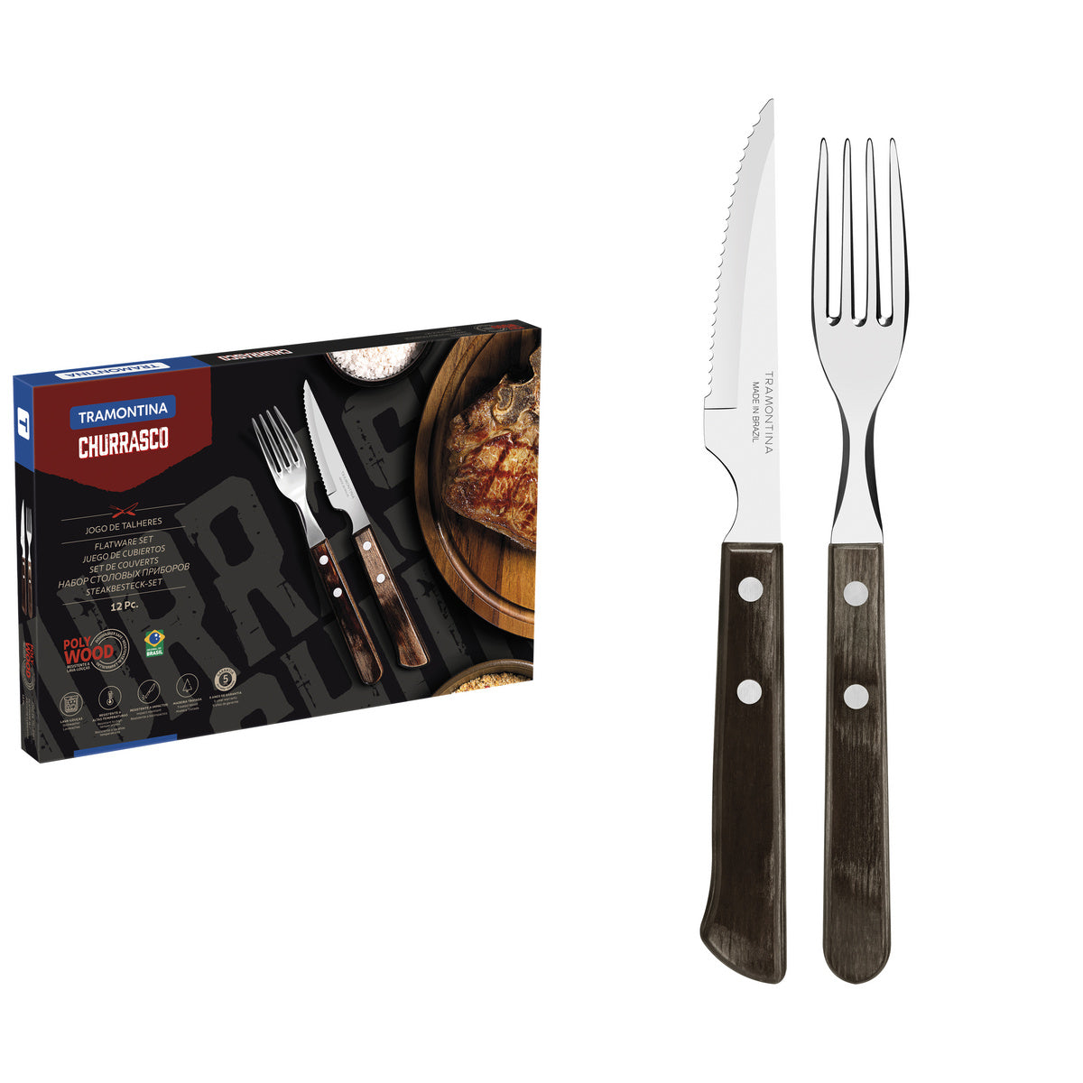 JUEGO CUBIERTOS PARA CARNE/ BBQ 12PZAS. - POLYWOOD CASTAÑO