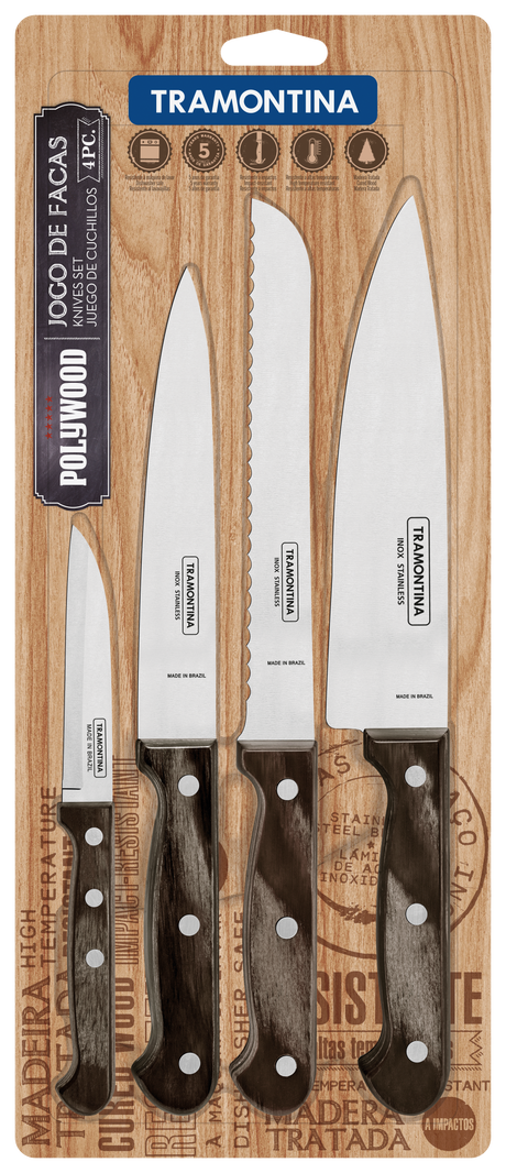 Juego de Cuchillos en Acero Inoxidable Polywood Castaño FSC 4 Piezas