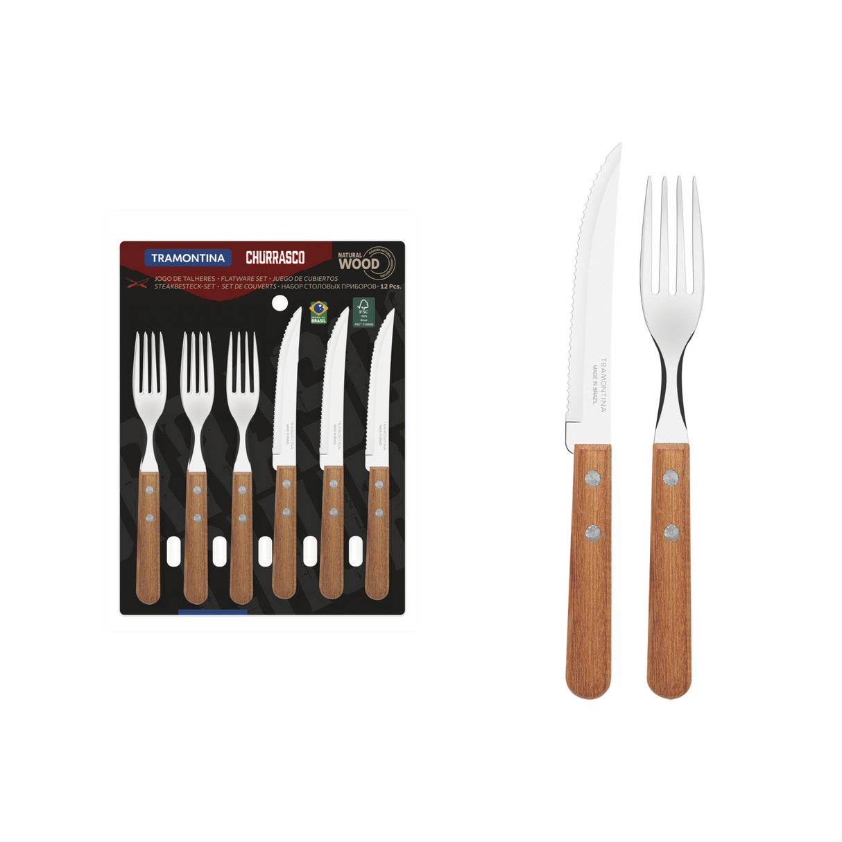 Tramontina Juego de Cubiertos Churrasco y Mangos de Madera Natural Dynamic 12 Piezas