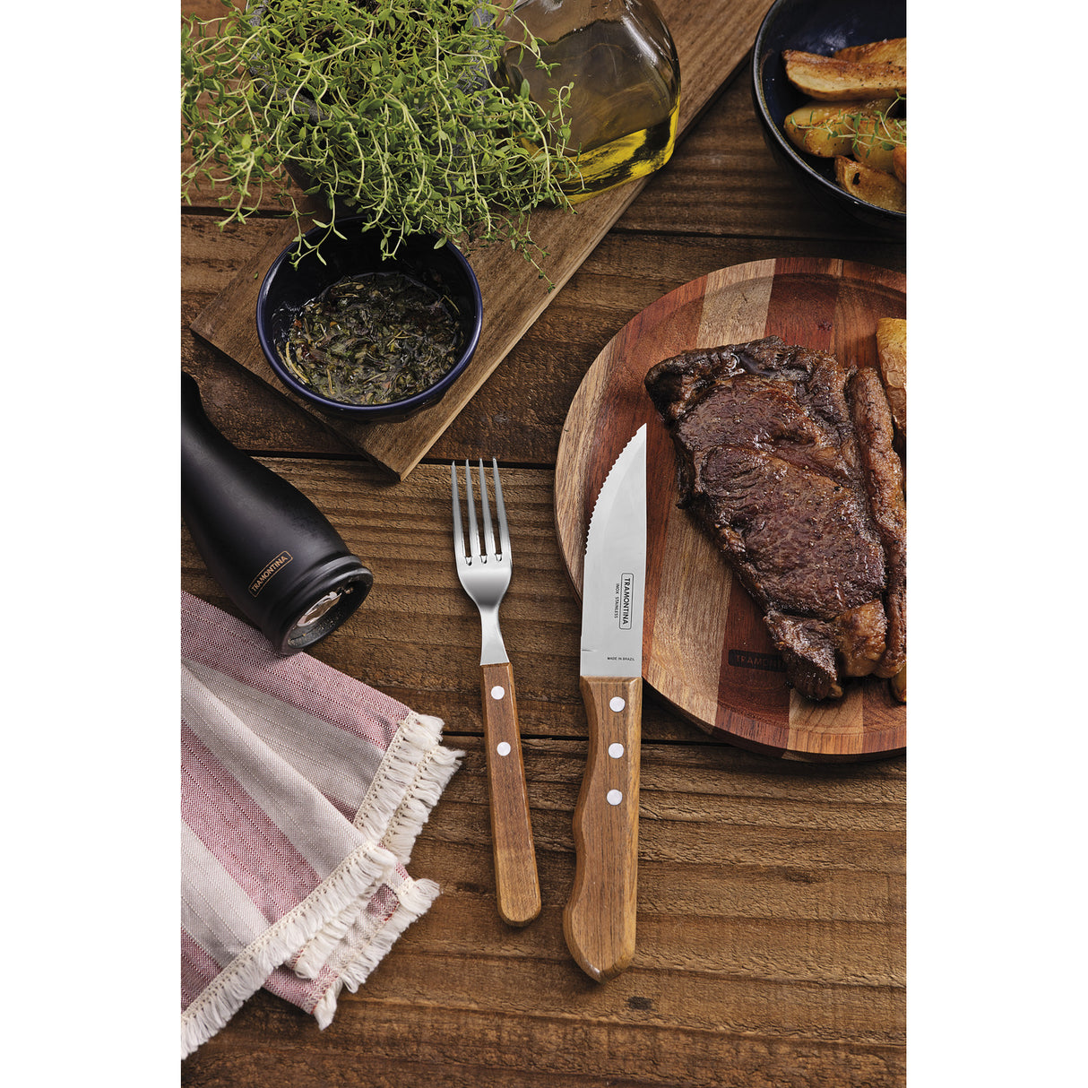 Tramontina Juego de Cubiertos para Carne/BBQ y Mangos de Madera Natural Dynamic 12 Piezas