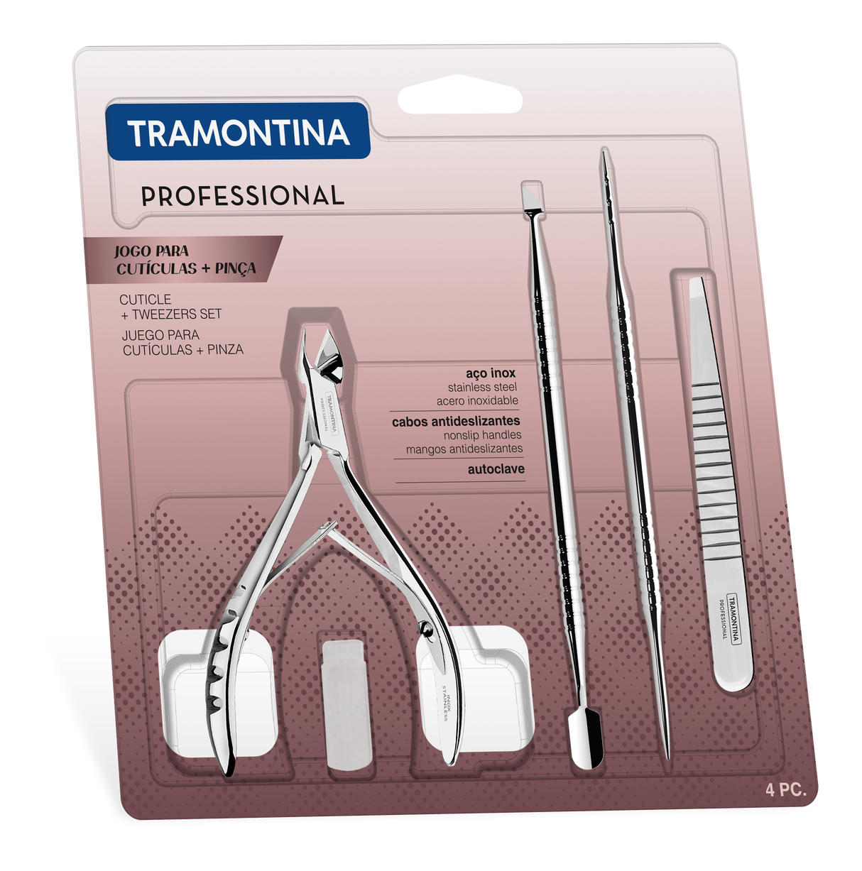 Tramontina Juego para Cutículas y Pinza de Acero Inoxidable 4 piezas