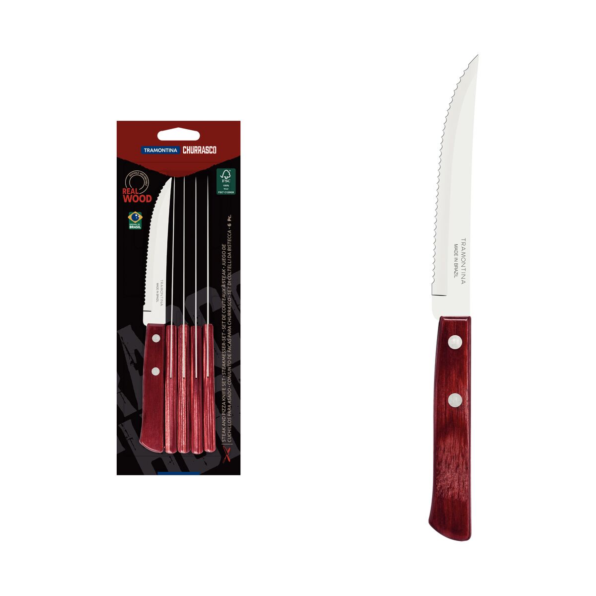 JUEGO DE CUCHILLOS PARA CARNE/BBQ 12CM 6PZAS. - POLYWOOD FSC ROJO