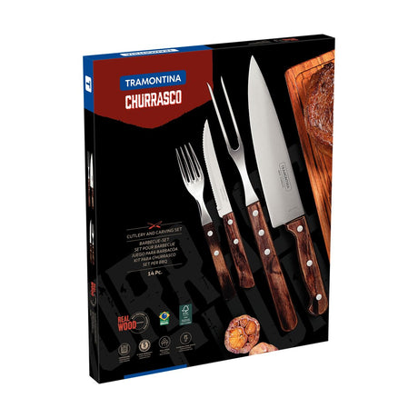 JUEGO ÚTILES Y CUBIERTOS PARA CARNE/BBQ 14PZAS. - POLYWOOD FSC CASTAÑO