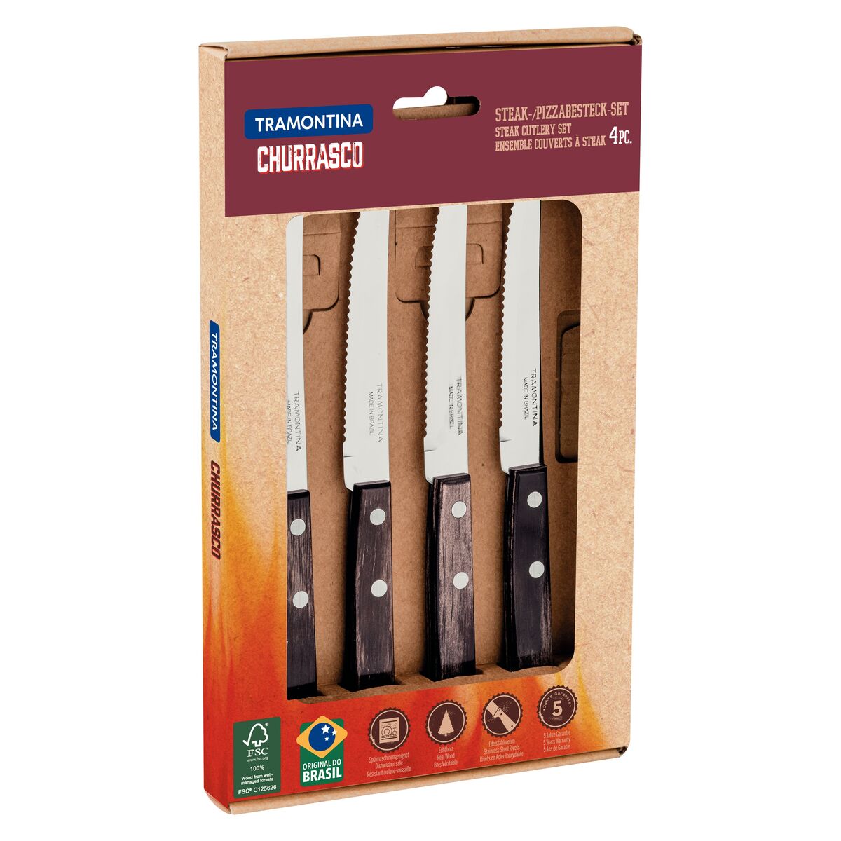 JUEGO DE CUCHILLOS PARA CARNE/BBQ 12 CM 4PZAS.- POLYWOOD FSC  CASTAÑO