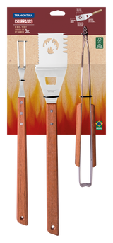 Juego de Útiles para Barbacoa en Acero Inoxidable y Mangos de Madera Natural FSC® 3 Piezas - Tramontina
