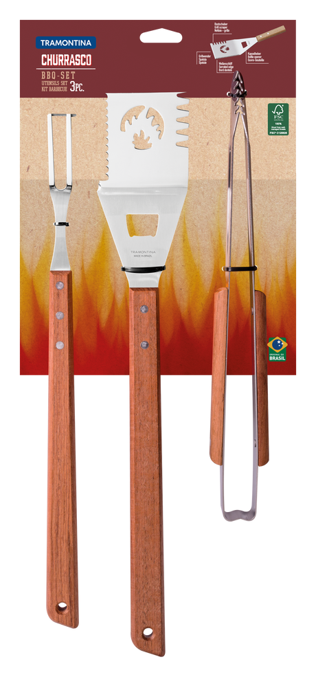 Juego de Útiles para Barbacoa en Acero Inoxidable y Mangos de Madera Natural FSC® 3 Piezas - Tramontina