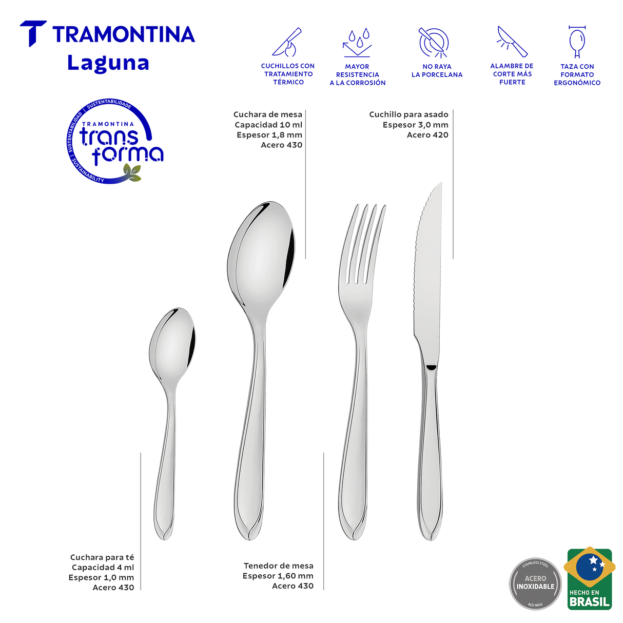 Tramontina Juego de Cubiertos de Acero Inoxidable Laguna 16 piezas