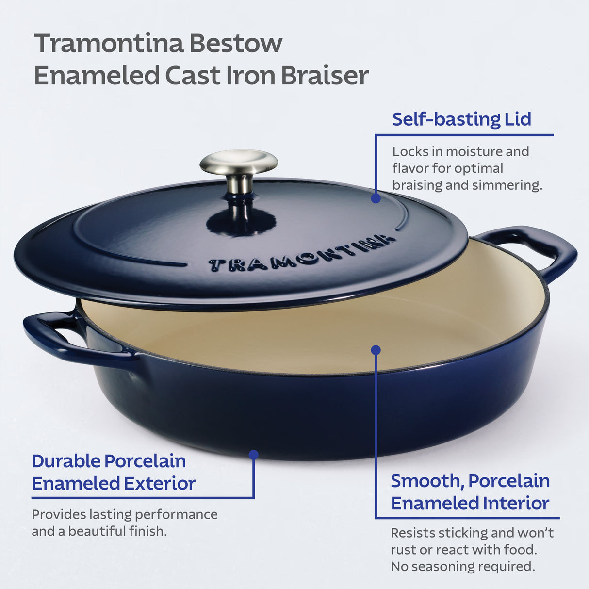 Tramontina Cazuela Baja de Hierro Fundido Esmaltado Azul Bestow 30 cm 3,8L