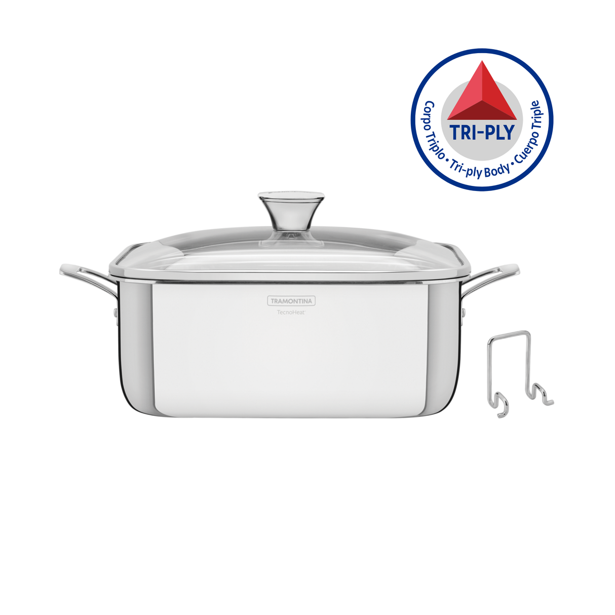 Tramontina Olla Cuadrada Tri-Ply Grano de Acero Inoxidable con Tapa 26 x 26 cm